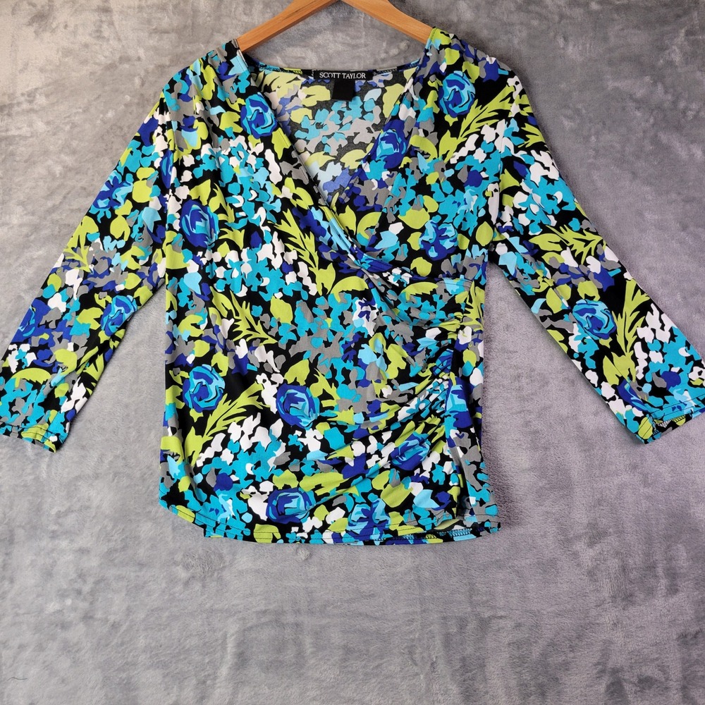 Scott Taylor Womens Floral Wrap Top Blue Green Abstract Stretch Career Office
